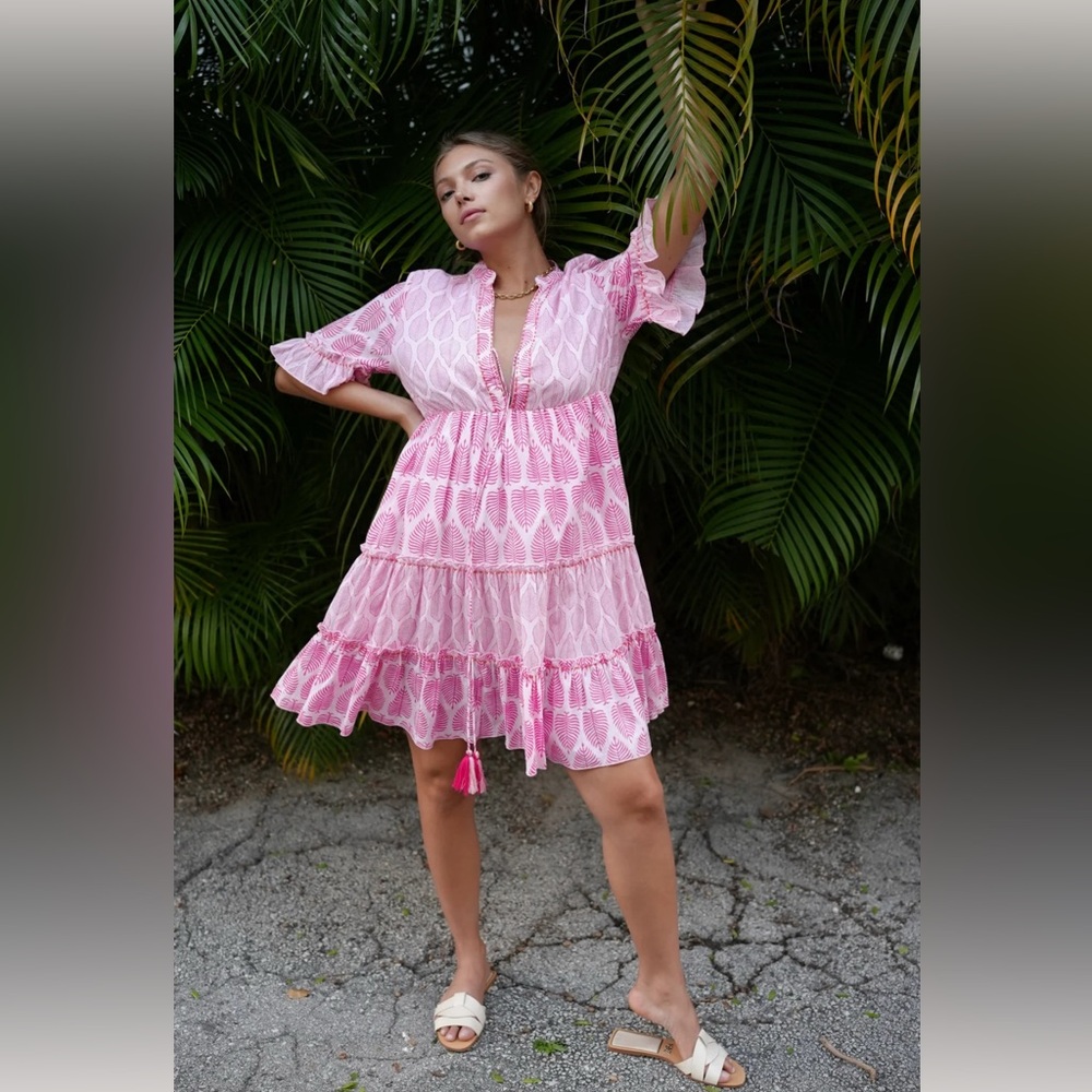 Debbie Katz Pink Block Print Ruffle Dress - L